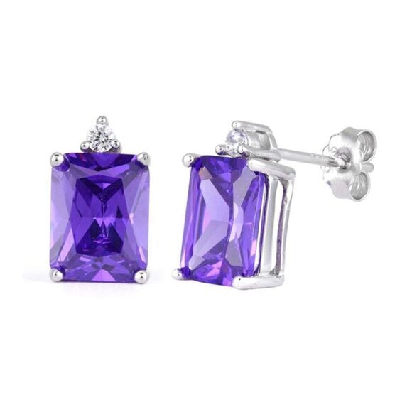 New Sterling Silver Rectangular Amethyst Stud Earrings - Picture 1 of 2
